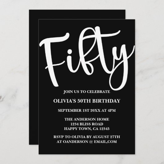 Moderne 50e verjaardag Zwart-wit Uitnodiging (Voorkant / Achterkant)
