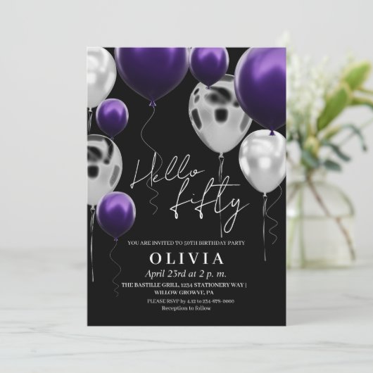 Moderne 50e verjaardag Zwart Zilver Paarse Ballonn Kaart (Staand voorkant)