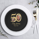 Moderne 50e verjaardag zwarte gouden foto papieren bordje<br><div class="desc">Rendy gewaagde typografie 50 jaar man verjaardag grappige gepersonaliseerde borden van partijpapier sjabloon met 2 foto's en modern retro stijlmanuscript. Eenvoudig aan te passen met jouw tekst en afbeeldingen.</div>