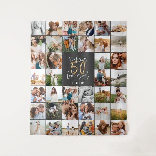 Moderne 50ste verjaardag multi foto script cadeau wandkleed (Voorkant)