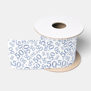 Moderne 50ste verjaardag nummer patroon blauw/wit satijnen lint