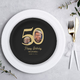 Moderne 50ste verjaardag zwart goud foto papieren bordje