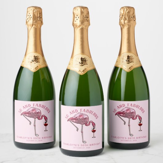 Moderne 50ste verjaardagsfeest Roze Flamingo Sparkling Wijnetiket (Flessen)