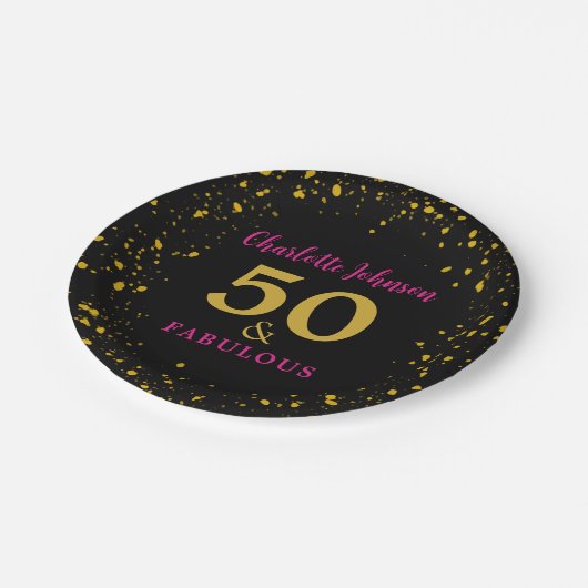 Moderne 50ste verjaardagsfeestje roze zwart goud papieren bordje (Gekanteld)