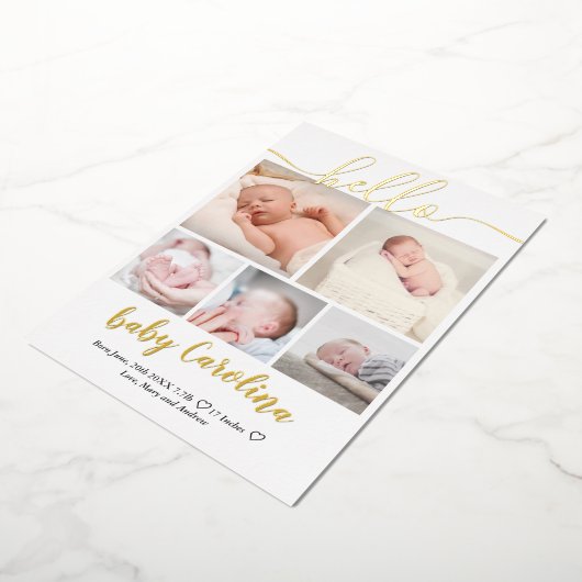 moderne 5 foto baby meisje met foto op raster wit folie uitnodiging (Gedraaid)