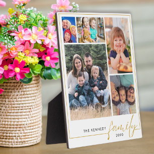 Moderne 5 foto collage gouden familienaam fotoplaat