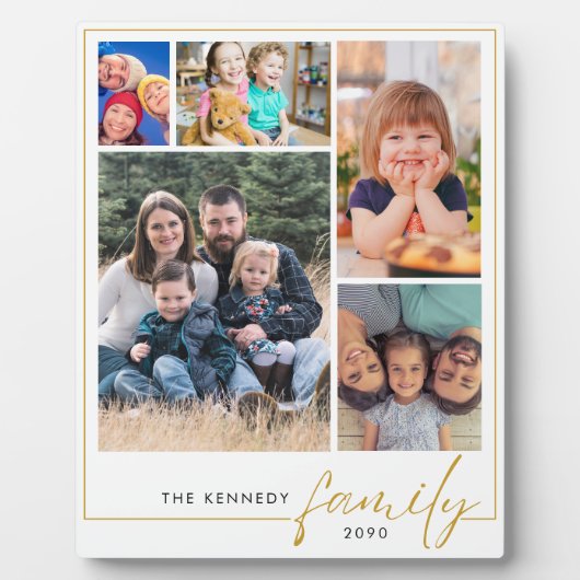 Moderne 5 foto collage gouden familienaam fotoplaat (Voorkant)