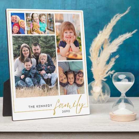 Moderne 5 foto collage gouden familienaam fotoplaat (Zijkant)