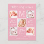 Moderne 5 Foto Collage Newborn Baby roze geboorte Aankondigingskaart (Voorkant)