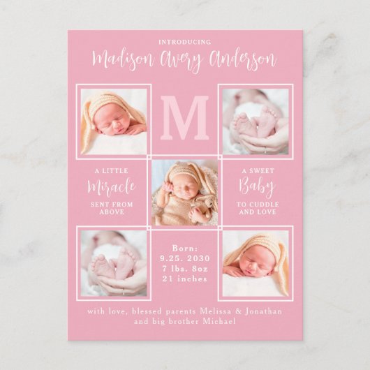 Moderne 5 Foto Collage Newborn Baby roze geboorte Aankondigingskaart (Voorkant)