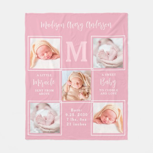 Moderne 5-foto-Collage Nieuwe babyroze geboortevle Fleece Deken (Voorkant)