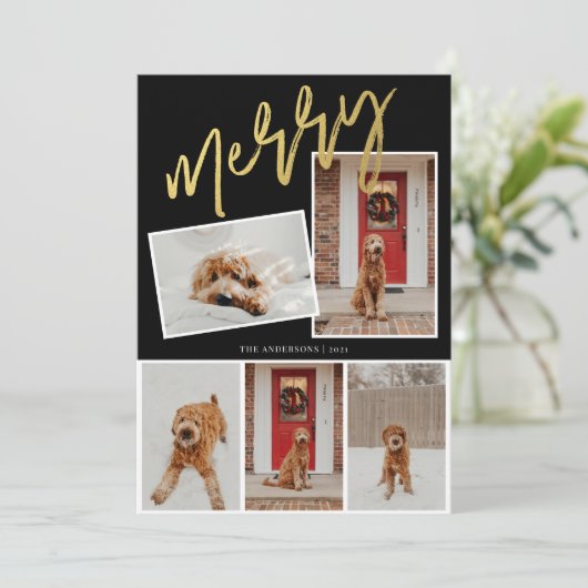 Moderne 5 Foto Goud Kerst Script Foto Feestdagenkaart (Staand voorkant)