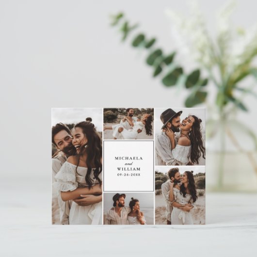 Moderne 5-foto huwelijksuitnodiging briefkaart (Staand voorkant)