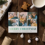 Moderne 5-fotokerst met collage feestdagenkaart<br><div class="desc">De hedendaagse kerstfeestkaart met een 5 foto-collage van je mooie familie,  de woorden "vrolijke kerst" in een elegant groen gradiëntlettertype,  je familienaam en het jaar.</div>