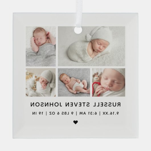 Moderne 5 foto's Geboorteaankondiging Glas Ornament (Achterkant)