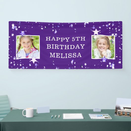 Moderne 5e Verjaardag Paarse Sterren Fotonaam Spandoek (Beurs)