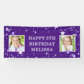 Moderne 5e Verjaardag Paarse Sterren Fotonaam Spandoek (Horizontaal)