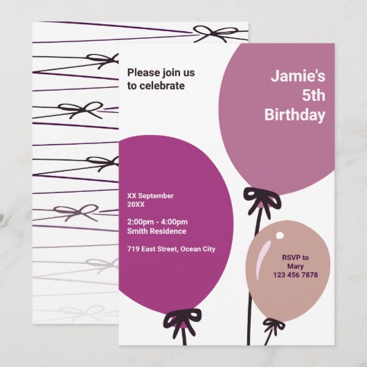 Moderne 5e verjaardagsballonfeest uitnodigingskaar kaart (Voorkant / Achterkant)