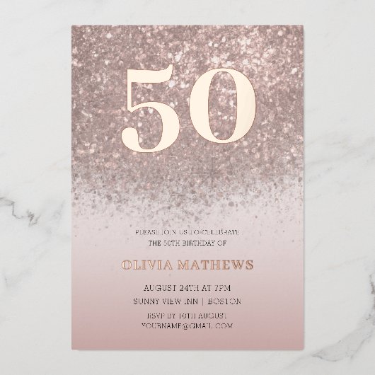 Moderne 5th Verjaardag Roos Gouden Kalligrafie Folie Uitnodiging (Voorkant)