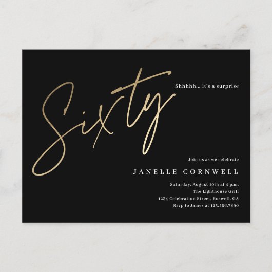 Moderne 60e Birthday elegant zwart-goudscript Uitnodiging Briefkaart (Voorkant)