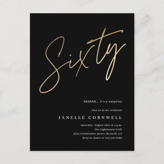 Moderne 60e Birthday elegant zwart-goudscript Uitnodiging Briefkaart (Voorkant)