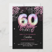 Moderne 60e roze Folie ballon vuurwerk Verjaardag Kaart (Voorkant)