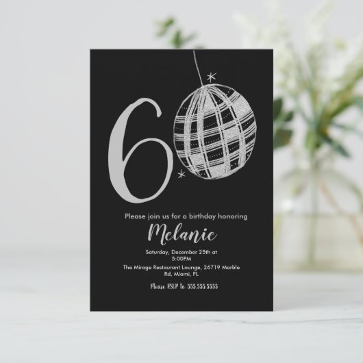 Moderne 60e script - zwart disco Glitter Invita Kaart (Staand voorkant)