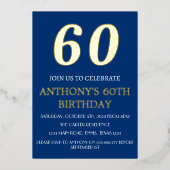 Moderne 60e verjaardag Blue Gold Foil QR-code Folie Uitnodiging (Voorkant)