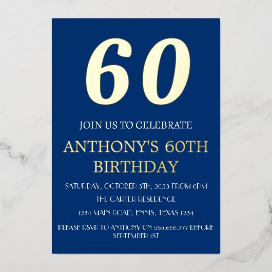 Moderne 60e verjaardag Blue Gold Foil QR-code Folie Uitnodiging (Voorkant)