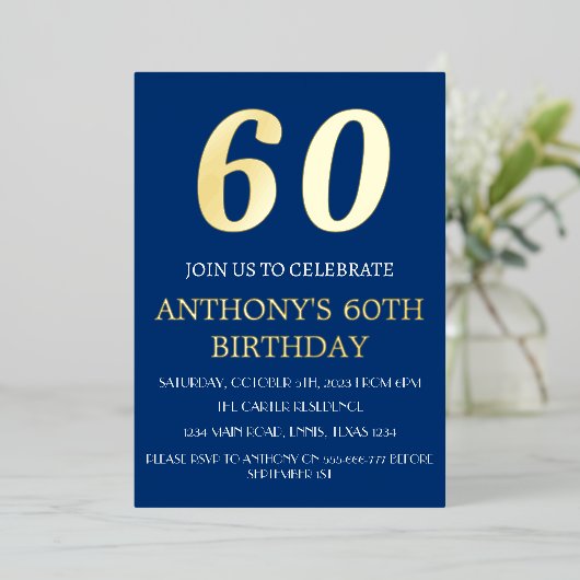 Moderne 60e verjaardag Blue Gold Foil QR-code Folie Uitnodiging (Staand Voorkant)