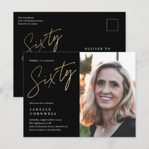 Moderne 60e verjaardag Foto zwart & Gold Script Uitnodiging Briefkaart
