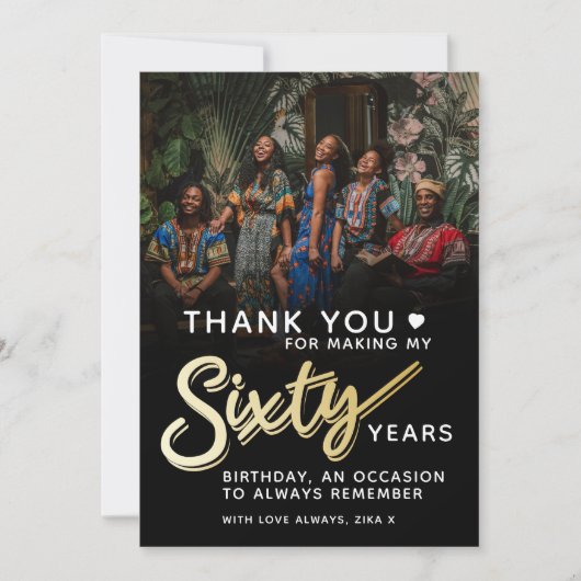 Moderne 60e verjaardag gouden zwart zestig script  bedankkaart (Voorkant)