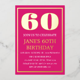 Moderne 60e verjaardag Magenta Gold Foil QR-code Folie Uitnodiging