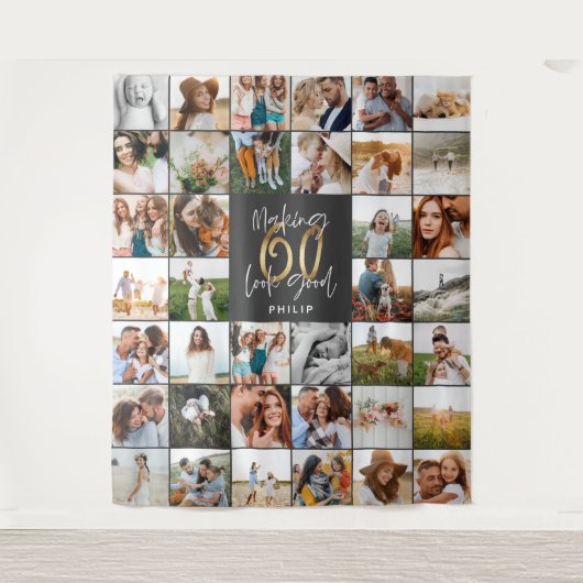 Moderne 60e verjaardag multi fotoscript geschenk f wandkleed (Voorkant)