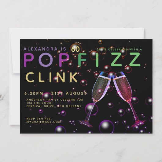 Moderne 60e verjaardag - POP FIZZ CLINK Champagne Kaart (Voorkant)