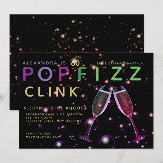 Moderne 60e verjaardag - POP FIZZ CLINK Champagne Kaart (Voorkant / Achterkant)
