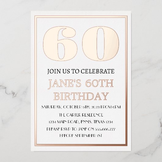 Moderne 60e verjaardag Roos Gold Foil QR-code Folie Uitnodiging (Voorkant)