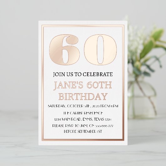 Moderne 60e verjaardag Roos Gold Foil QR-code Folie Uitnodiging (Staand Voorkant)