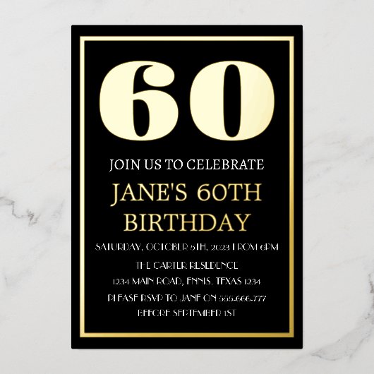 Moderne 60e verjaardag Zwarte Gold Foil QR-code Folie Uitnodiging (Voorkant)