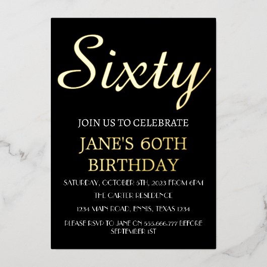 Moderne 60e verjaardag Zwarte Gold Foil QR-code Folie Uitnodiging (Voorkant)