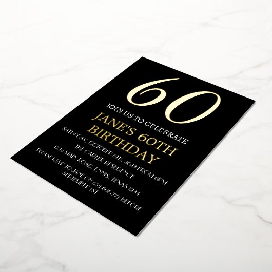 Moderne 60e verjaardag Zwarte Gold Foil QR-code Folie Uitnodiging (Gedraaid)