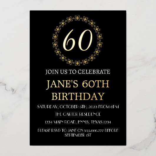 Moderne 60e verjaardag zwarte goudolie QR-code Fol Folie Uitnodiging (Voorkant)