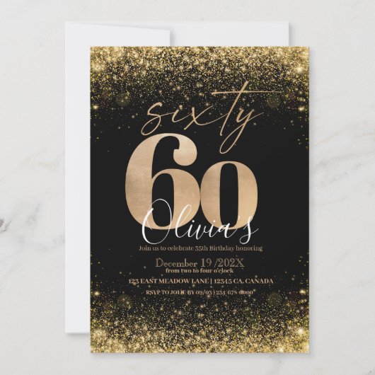 Moderne 60ste verjaardagsfeest Zwart Goud Glitter Kaart (Voorkant)