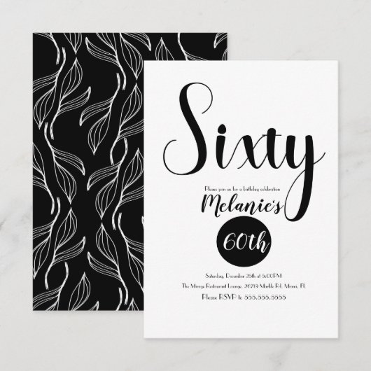 Moderne 60th Script Bold Zwart-Wit Groenelementen Kaart (Voorkant / Achterkant)