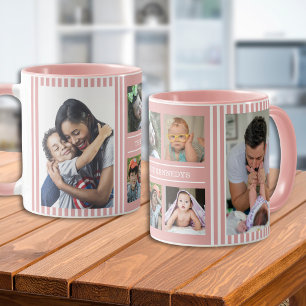 Moderne 6 Foto Collage Familienaam Roze Strepen Mok