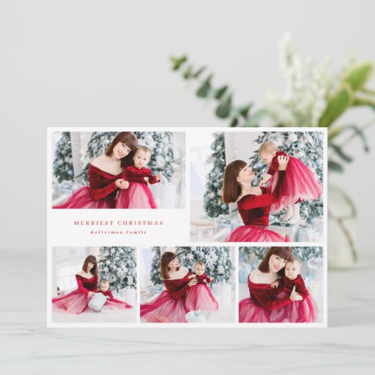 moderne 6 multi Photo Collage RED vrolijke kerst Feestdagenkaart (Staand voorkant)