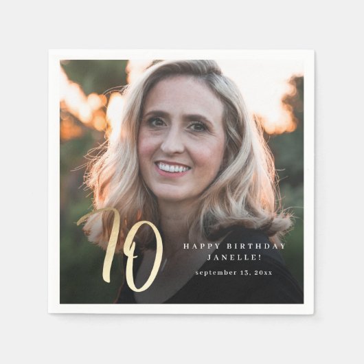 Moderne 70e verjaardag foto Zwart & Goud Script Servet (Voorkant)