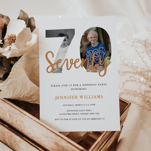 Moderne 70e verjaardag met 2 foto's toen en nu kaart