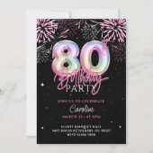 Moderne 80e roze Folie ballon vuurwerk Verjaardag Kaart (Voorkant)
