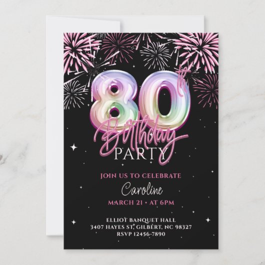 Moderne 80e roze Folie ballon vuurwerk Verjaardag Kaart (Voorkant)